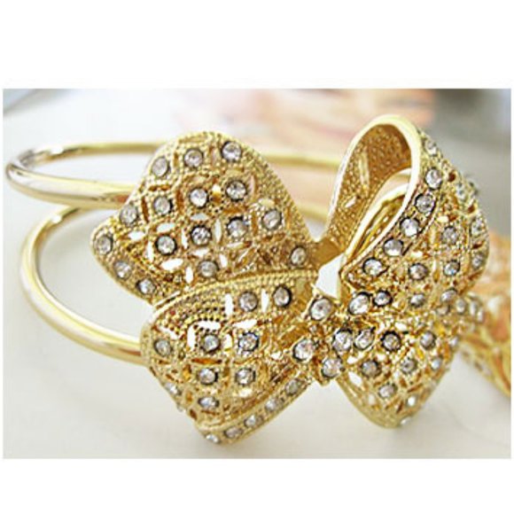 Big bow gold rhinestone bangle bracelet - Picture 2 of 4